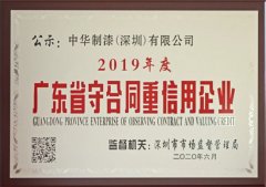广州商标注册公司喜讯！中华制漆荣获2019年度“广东省守合同重信用企业” 称